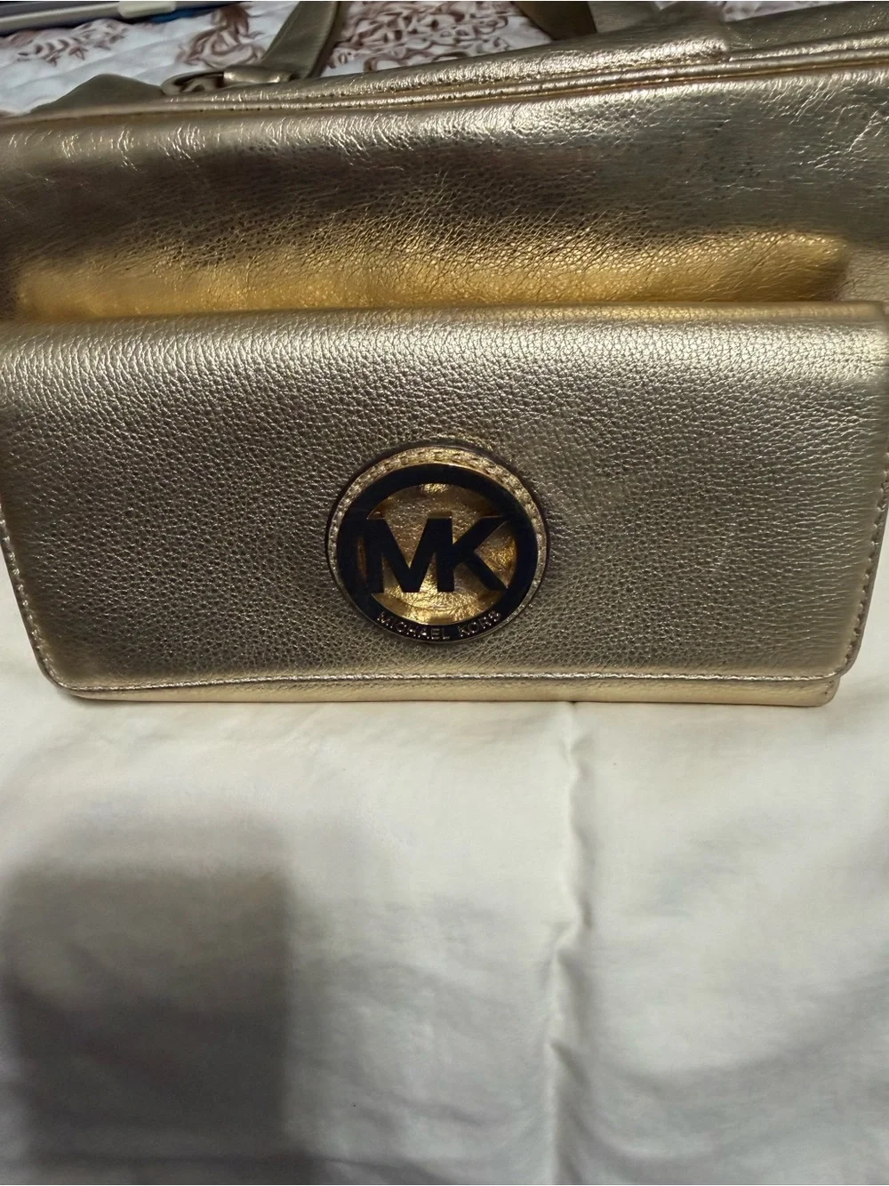 Michael Kors Metallic Gold Leather Shoulder Bag with MK Logo